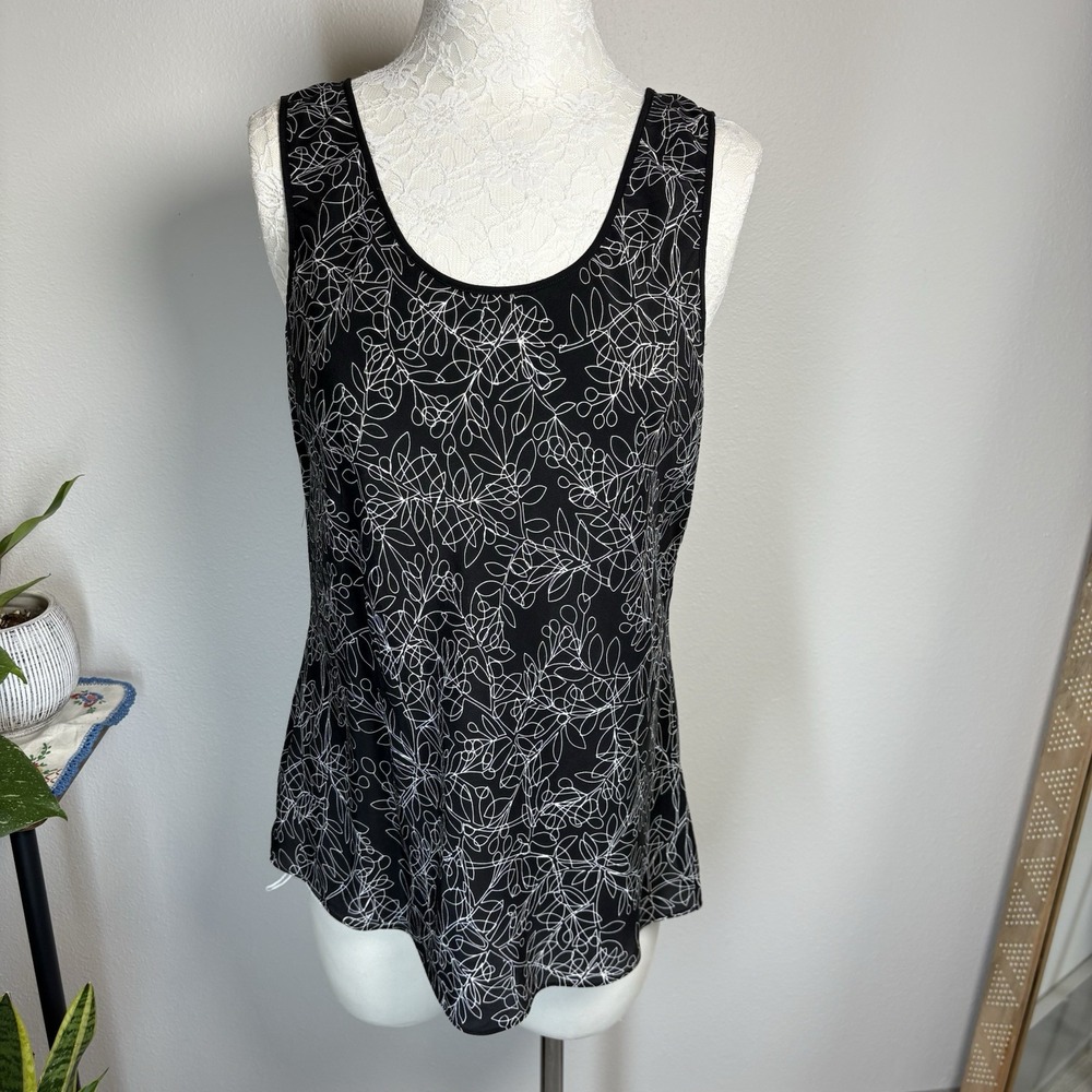 Calvin Klein Women's 12 ~ Black White 100% Silk Floral Sleeveless Blouse
